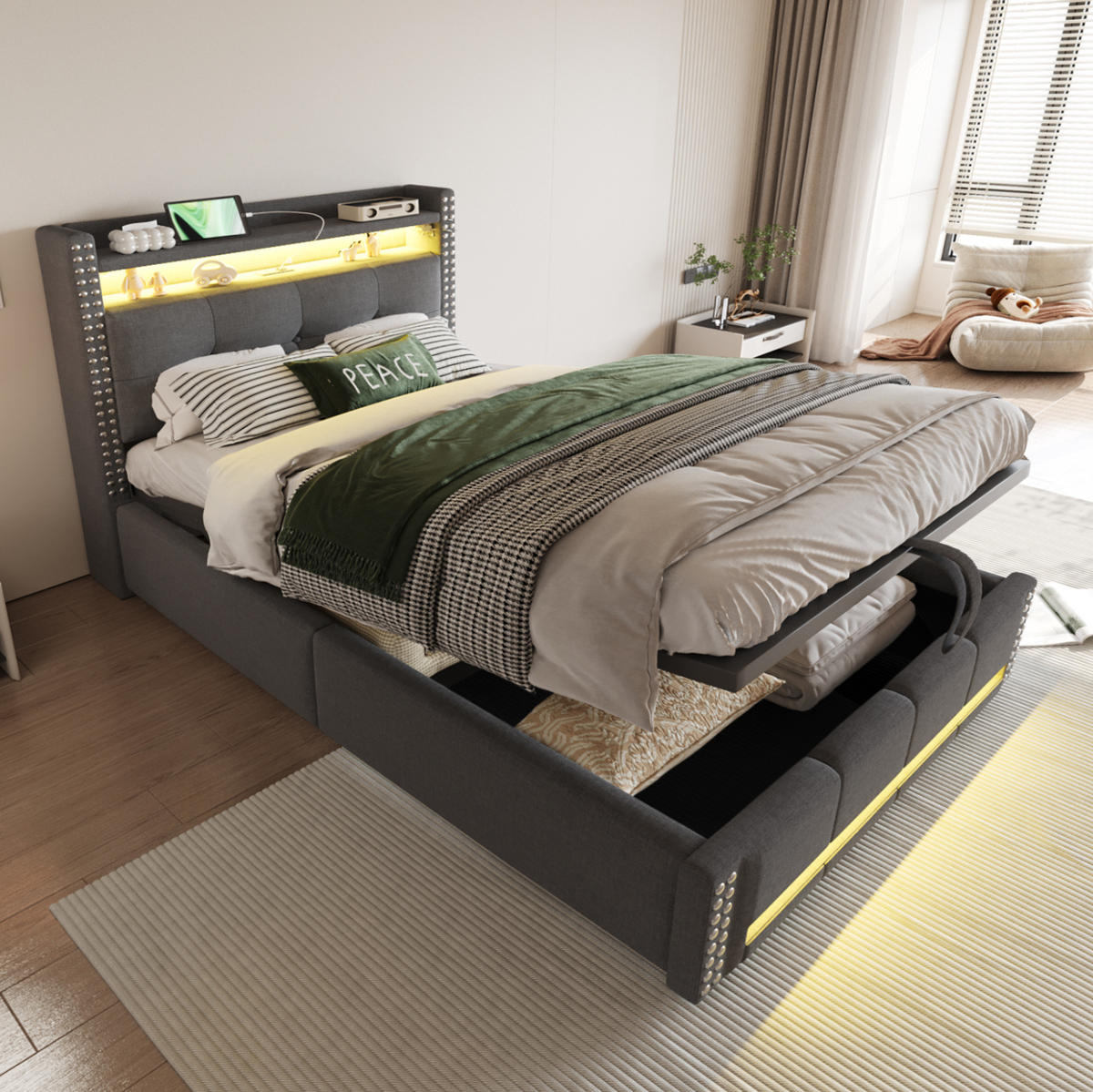 KINDERBETT 90/200 cm mit LED-Beleuchtung, USB-Anschluss, Bettkasten und Leinenbezug, Grau - Grau, Textil (90/200cm) - Redom