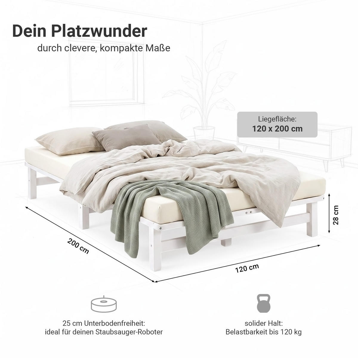 HOLZBETT mit Matratze 120/200 cm weiß - Weiß, Holz (120/200cm) - Homestyle4u