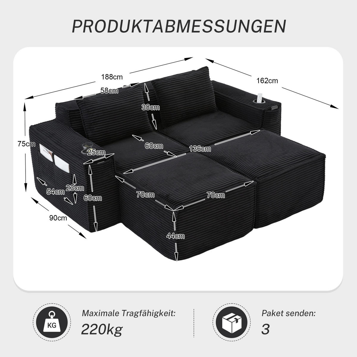 2-SITZER-SOFA DE-33836 mit 2 Hockern Schwarz - Schwarz, Textil (188/75/162cm) - ComfortXL