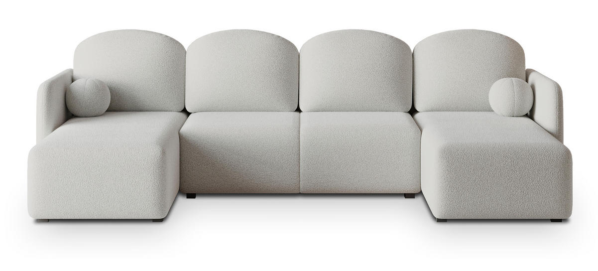 WOHNLANDSCHAFT NUBERO Hellgrau Boucle-Stoff mit Schlaffunktion - Hellgrau, Holz (285/85/143cm) - MASSENO