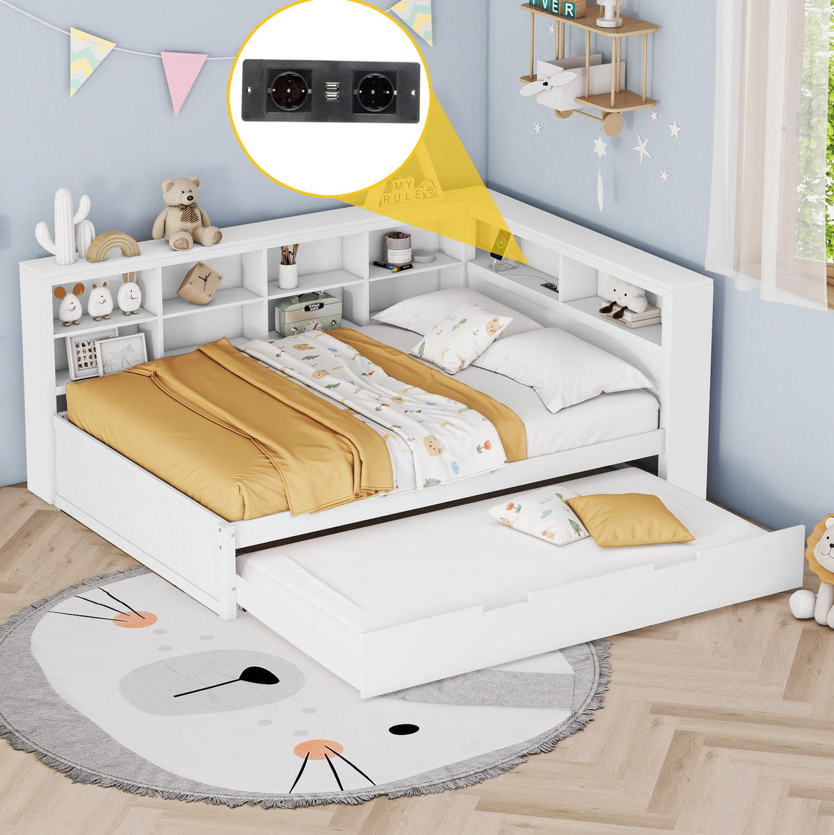 HOLZBETT 140/200 cm in Weiß mit Ausziehbett und USB-Anschluss - Weiß, Holz (140/200cm) - BEAOK