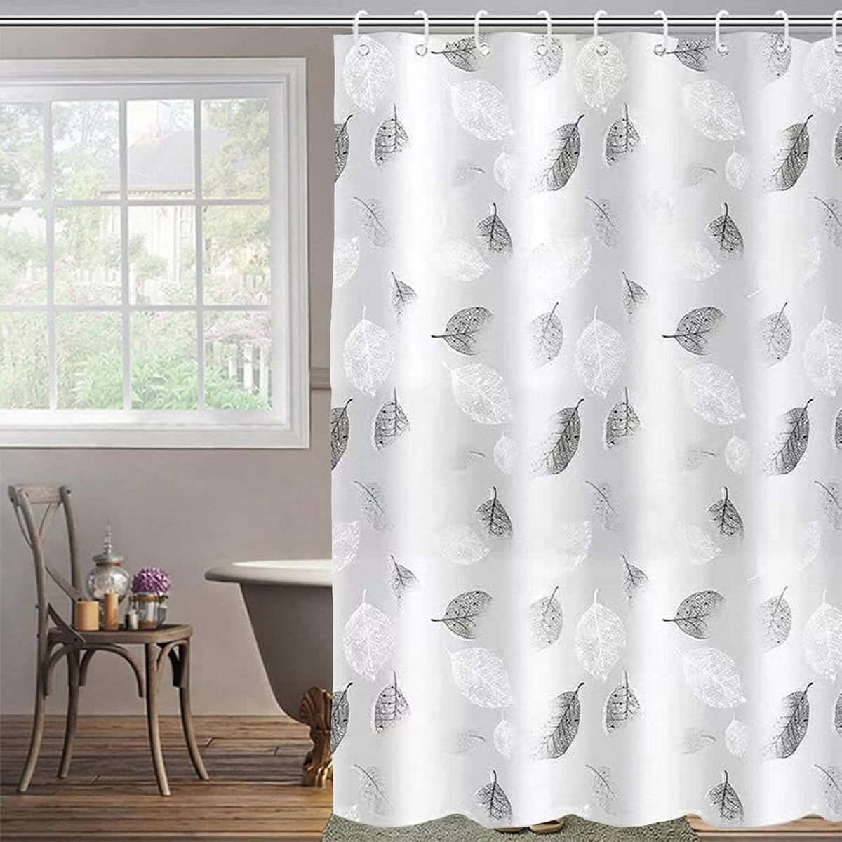 DUSCHVORHANG Stoff PEVA mit Haken waschbar schimmelresistent Blätter 180 x 200 cm - Weiß, Kunststoff (30/4cm) - MCBOSON