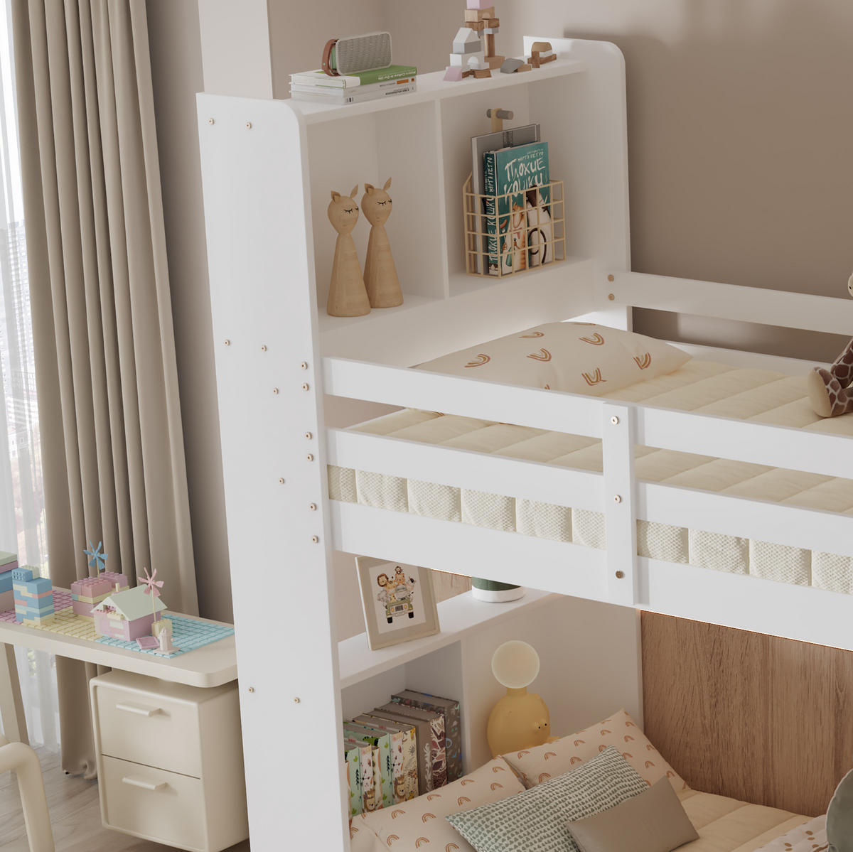 ETAGENBETT aus Massivholz und MDF 90x200 cm Weiß mit Regalen, rechtwinkliger Leiter und Stauraum - Weiß, Holzwerkstoff (90/200cm) - Modfu