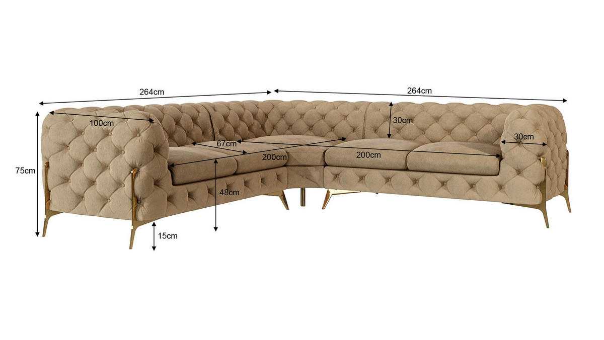 ECKSOFA Chesterfield Lexi Beige Samt - Beige/Goldfarben, Holz/Textil (264/264cm) - S-Style Möbel