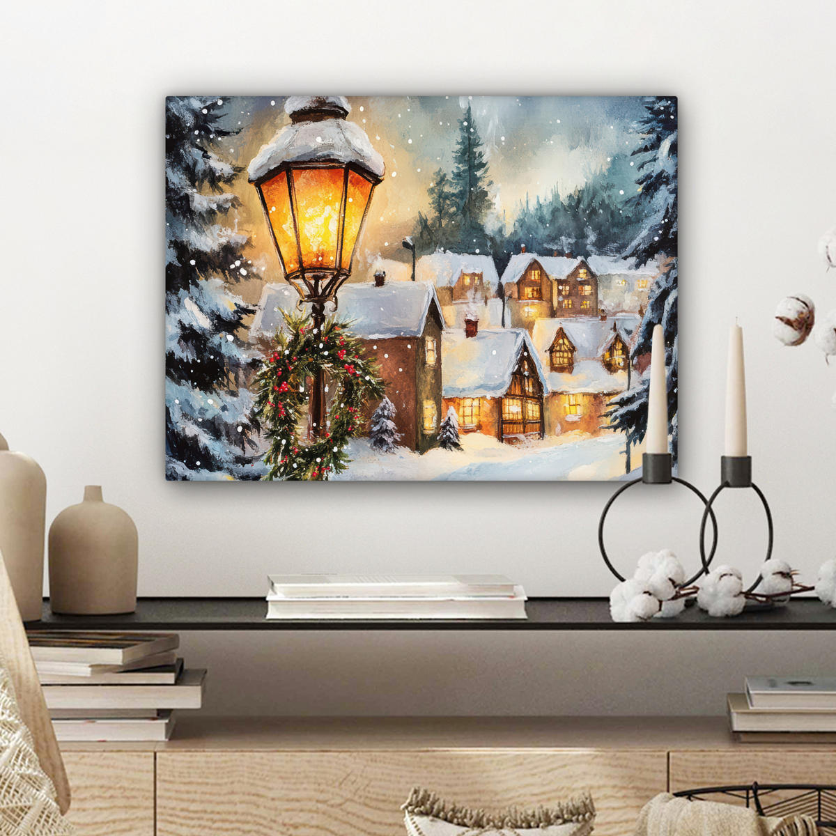 LEINWANDBILD Weihnachtsdorf - Häuser - Schnee - Weihnachten Wandbild 40x30 cm - Sandfarben, Textil (40/30cm) - MuchoWow