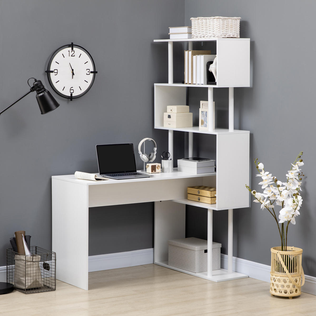 ECKSCHREIBTISCH Weiß in L-Form mit 4-stufigem Regal 120/80/176 cm - Weiß, Holzwerkstoff (80/120/176cm) - PANGIVO