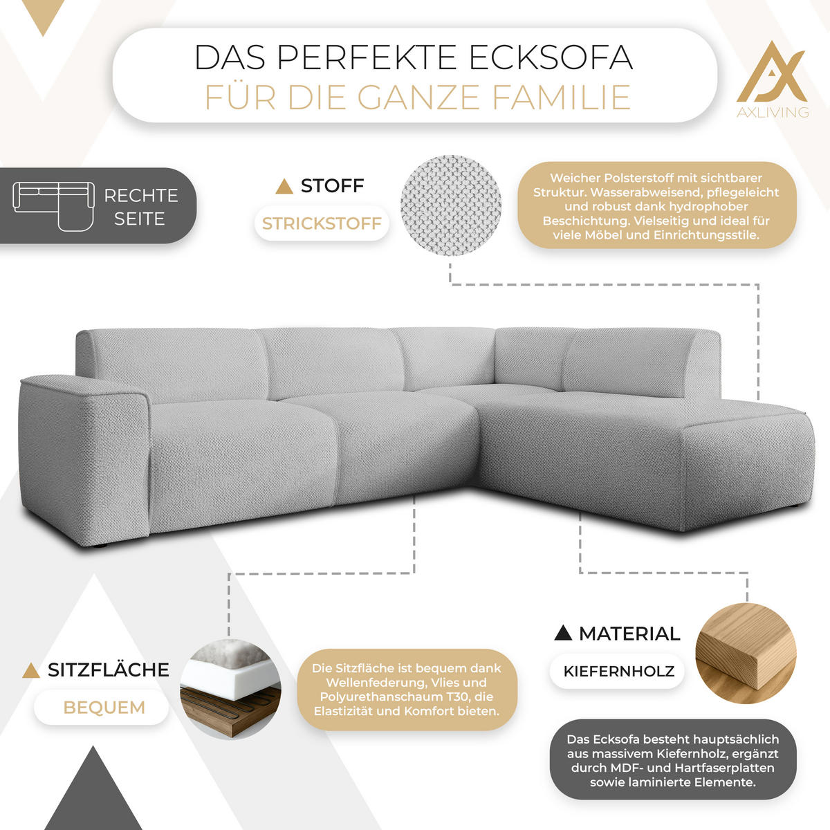 ECKSOFA L Form Didim Greige 292/220/78 cm – großes Sofa stilvoll & bequem R - Greige/Schwarz, Kunststoff/Textil (292/220cm) - AX Living
