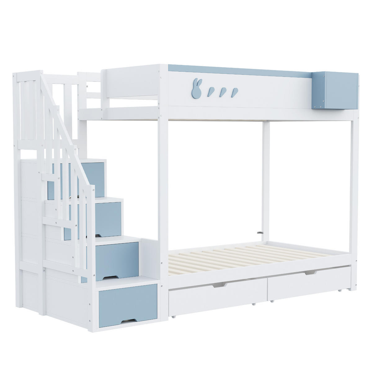 ETAGENBETT 90/200 cm & 90/200 cm in Weiß & Blau mit 2 Schubladen, Regal und Stauraumleiter - Blau, Holz (90/200cm) - STILVORA