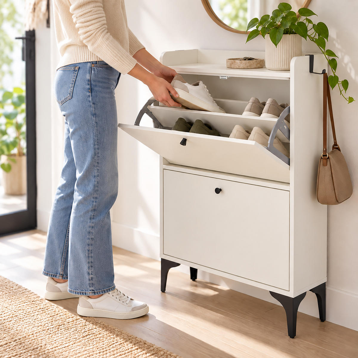 BOTNÍK Bílý 2-přihrádky 80 cm - bílá, kov/kompozitní dřevo (80/102/24cm) - Relaxdays