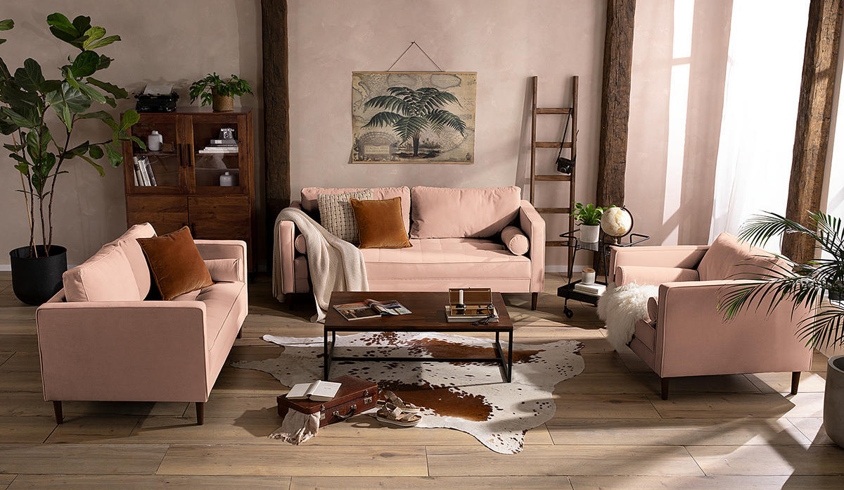 SESSEL - Samt - Dunkelbraun/Rosa, Birkenholz/Textil (90/80/86cm) - home24