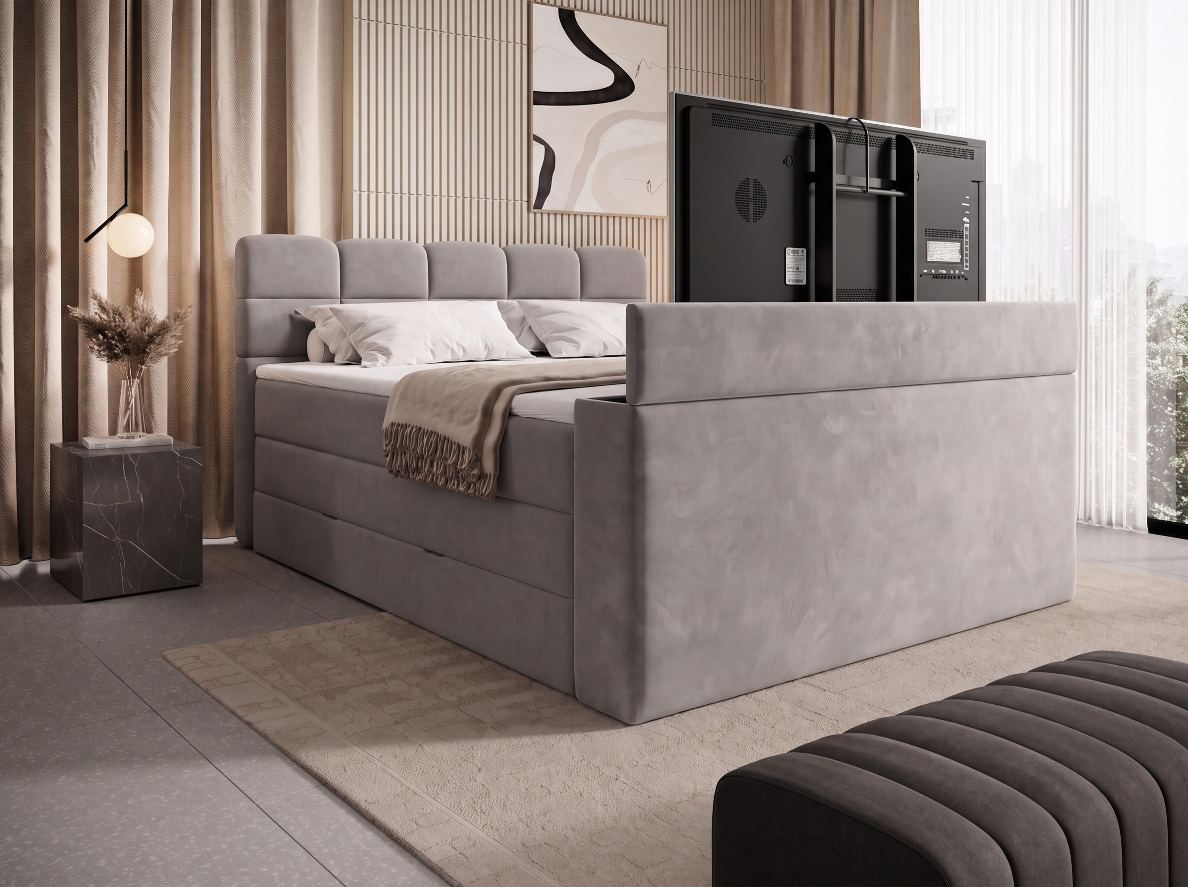 BOXSPRINGBETT Carenzo 3 Hellgrau 160/200 cm H3/H4 Samt inkl. Topper und TV-Lift - Hellgrau, Textil (160/200cm) - wonello