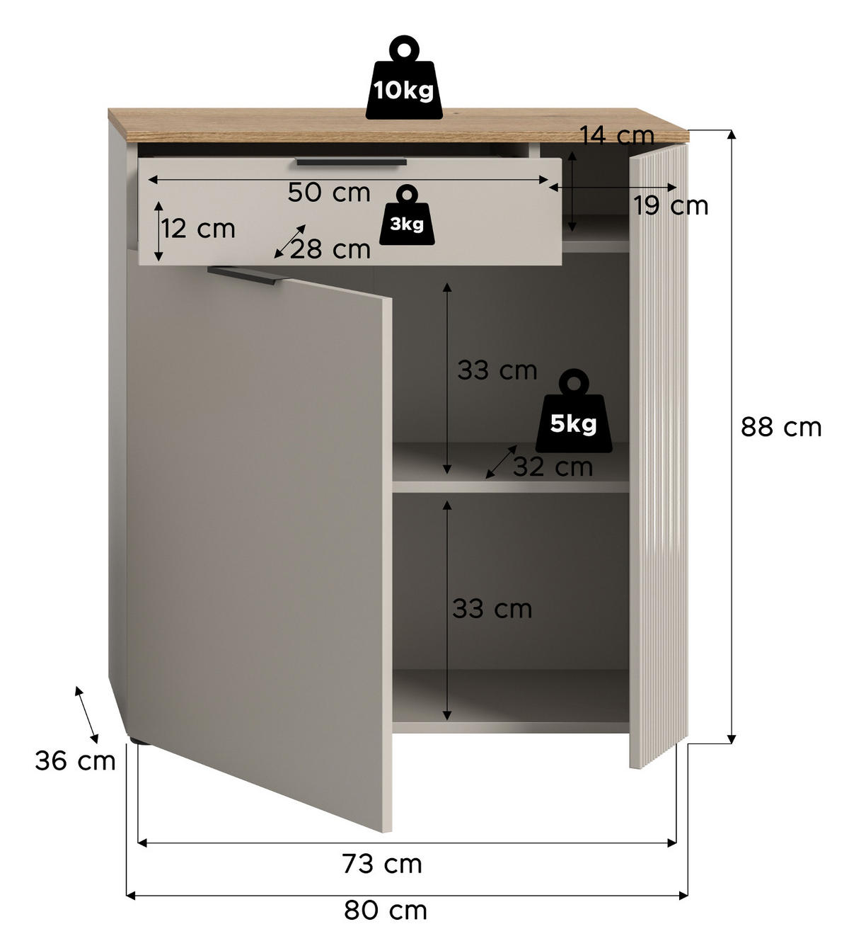 SCHUHSCHRANK Kaschmir Sand, Evoke Eiche, Flur Kommode 80 x 88 cm Skid - Kaschmir/Eichefarben, Holzwerkstoff/Kunststoff (80/88/36cm) - Inn.Furn