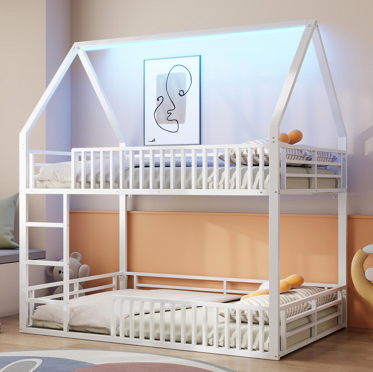 ETAGENBETT in Hausform 140/200 cm, Weiß mit LED und Schutzgeländer - Weiß, Metall (140/200cm) - MIVRAY