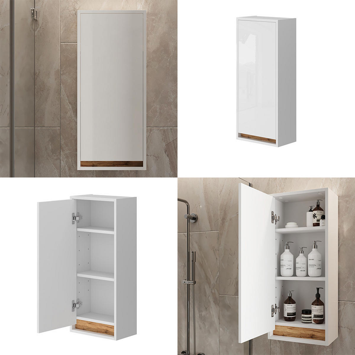 BADSCHRANK Detmold Weiß Hochglanz/Goldkraft Eiche 81.6 x 35 cm mit Tür - Honigeiche/Weiß Hochglanz, Holzwerkstoff (81.6/35/20cm) - Vicco