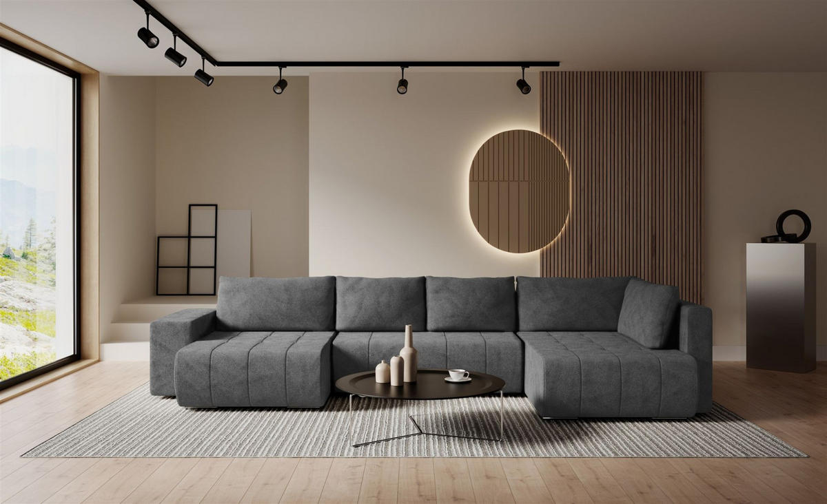 WOHNLANDSCHAFT Armanda - Dunkelgrau, Holzwerkstoff/Textil (185/83/392cm) - Fun Möbel