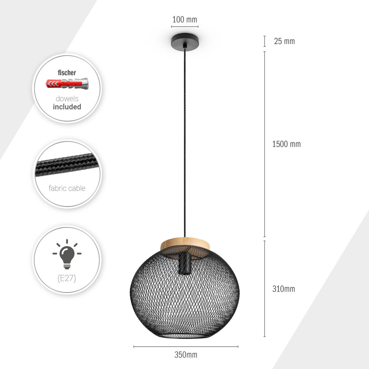PENDELLEUCHTE Trapu S - Schwarz, Metall (35/35/31cm) - Paco Home