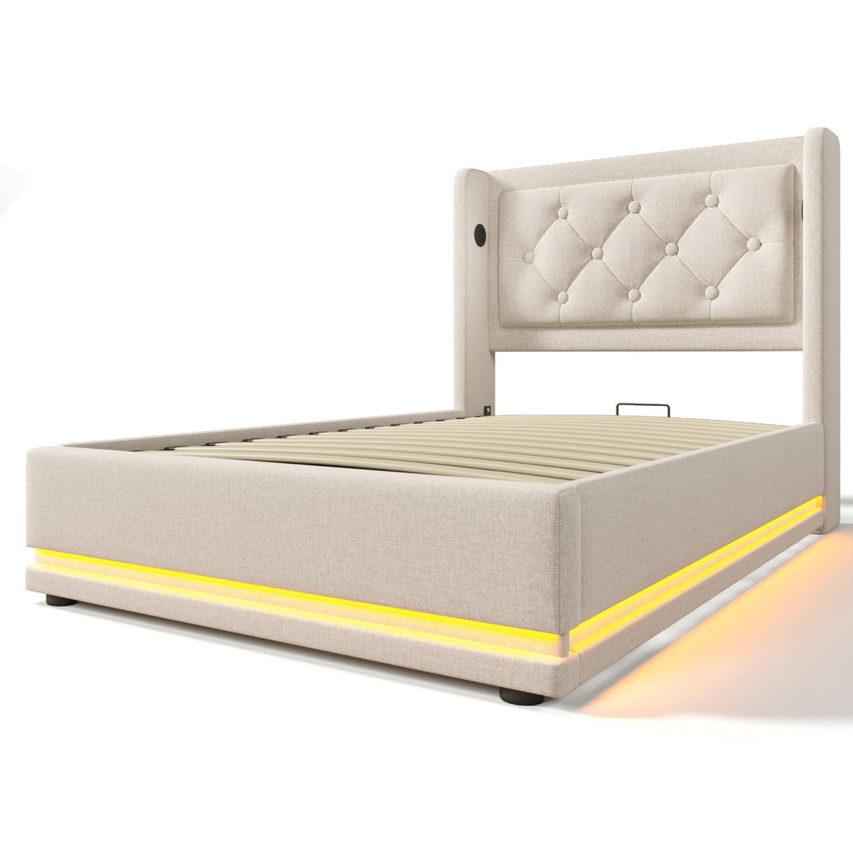 POLSTERBETT 90/200 cm Beige mit Stauraum, LED-Beleuchtung und USB-/Type-C-Anschlüssen - Beige, Textil (90/200cm) - Flora Grace