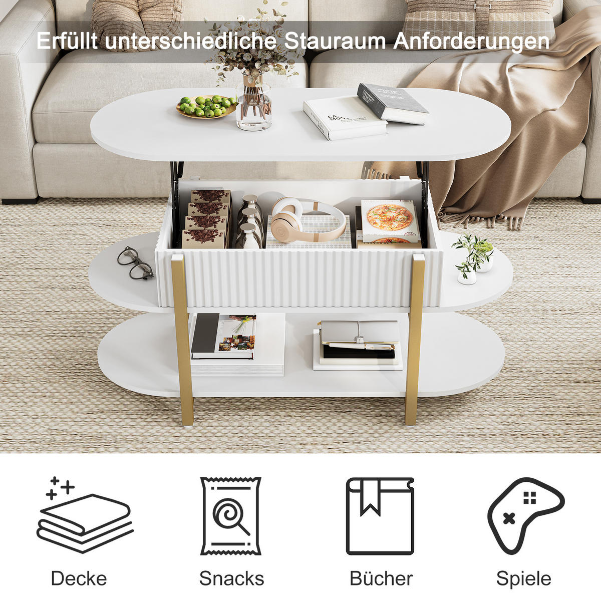 KONFERENČNÍ stolek s plynovou pružinou a úložným prostorem, bílý - bílá, dřevo (106/38/50cm) - SHOPENTRA