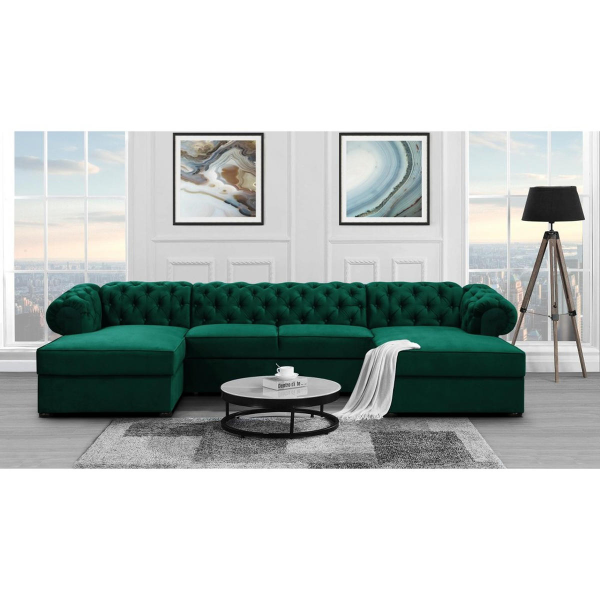 WOHNLANDSCHAFT Chester im Chesterfield-Stil, Dunkelgrün - Dunkelgrün/Schwarz, Textil (348/81/174cm) - Beautysofa