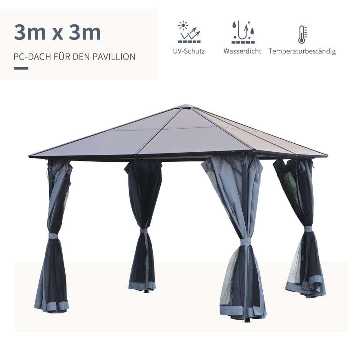 PAVILLON 3x3 m Polycarbonat Dach Vorhänge Alu dunkelgrau - Grau, Textil (300/265/300cm) - LEBENLANG