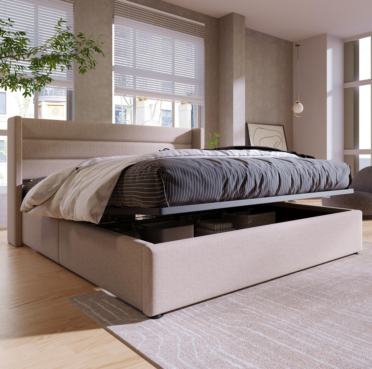 POLSTERBETT 180/200 cm Beige aus Leinen mit Stauraum und Hydraulik-Lattenrost - Beige, Textil (180/200cm) - OKWISH