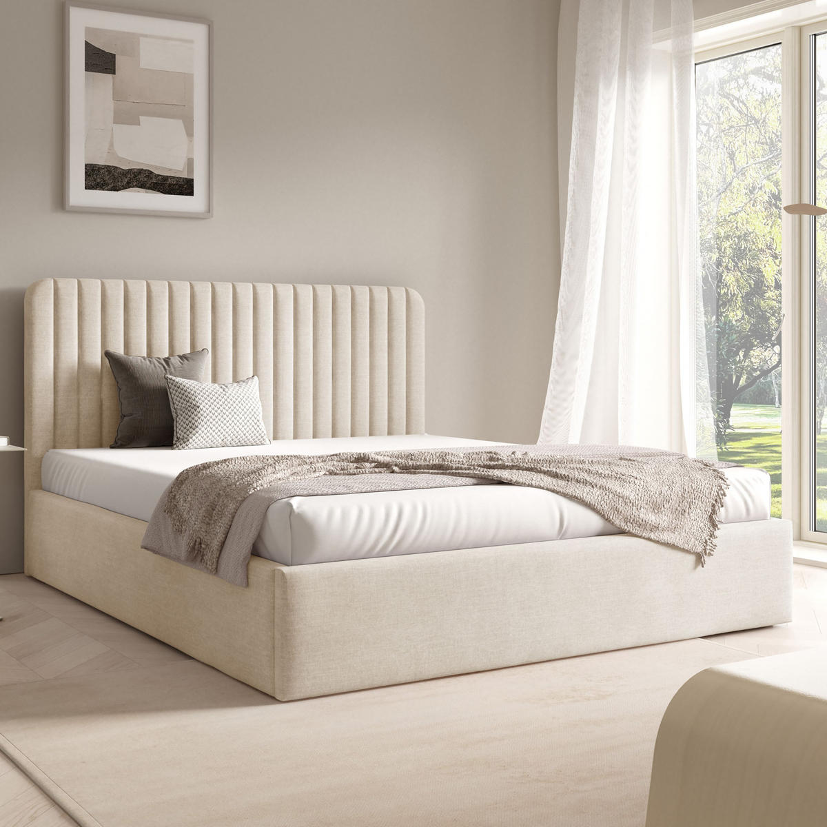 POLSTERBETT BEA II mit Bettkasten 180x200,Doppelbett mit Stauraum,Lattenrost,Boxspringbett-Optik,ohne Matratze-Creme - Creme, Holz (180/200cm) - Furnistar