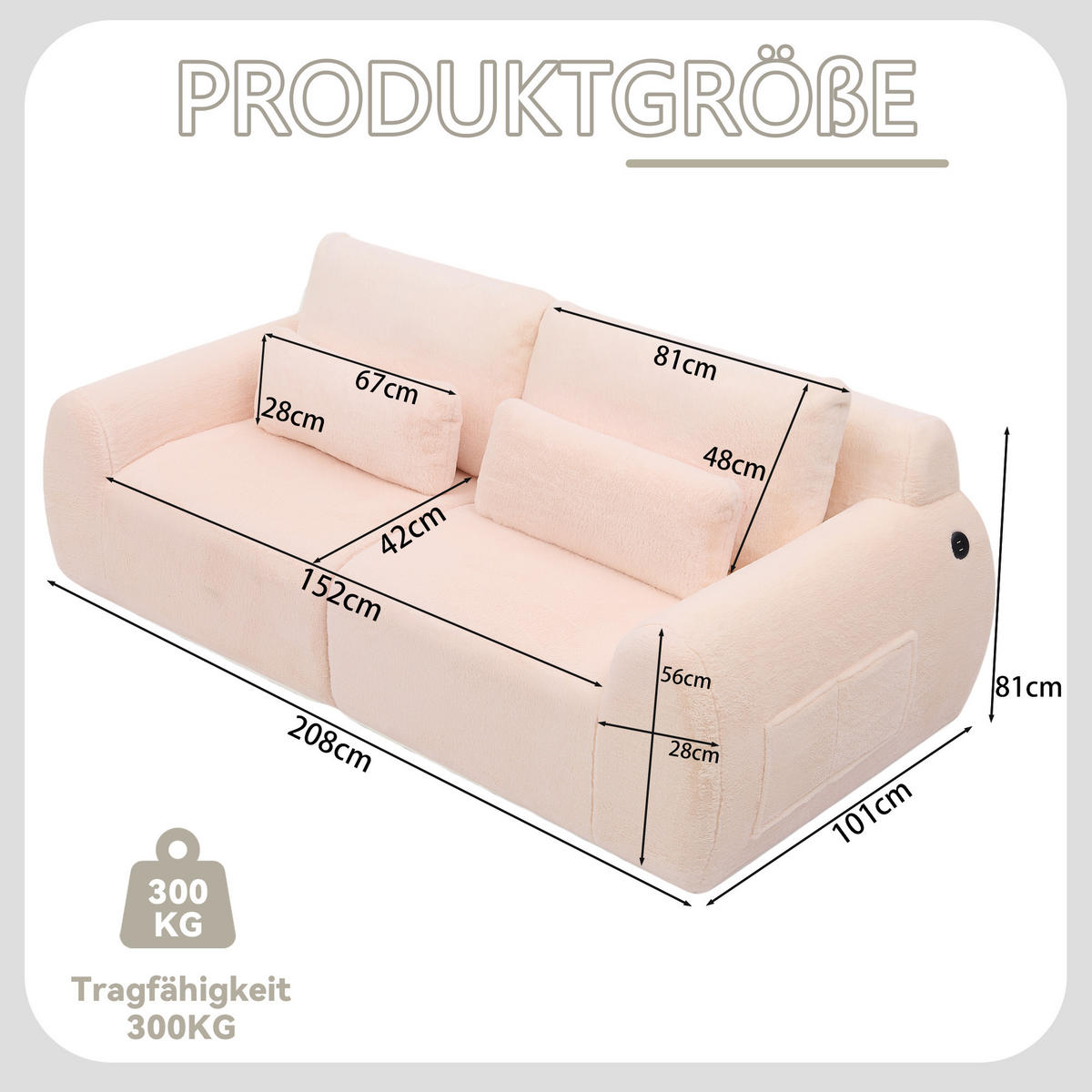 2-SITZER SOFA Kaninchenstil-Kunstfell Pink mit USB und Magazintasche - Rosa, Textil (208/81/101cm) - WISHDOR