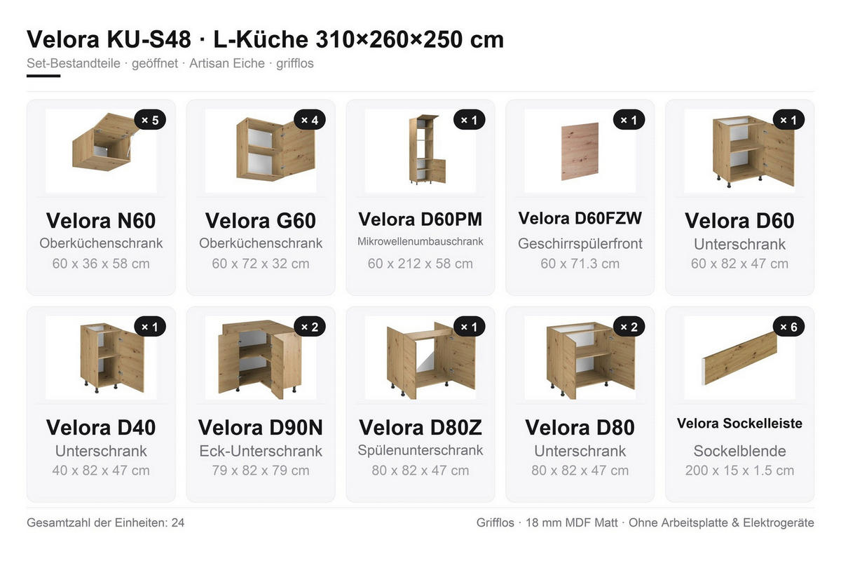 U-KÜCHE 310 x 260 x 250 cm VELORA – KU-S48 – Eiche Artisan - Eiche Artisan, Holzwerkstoff (310/248/260cm) - hi-markt