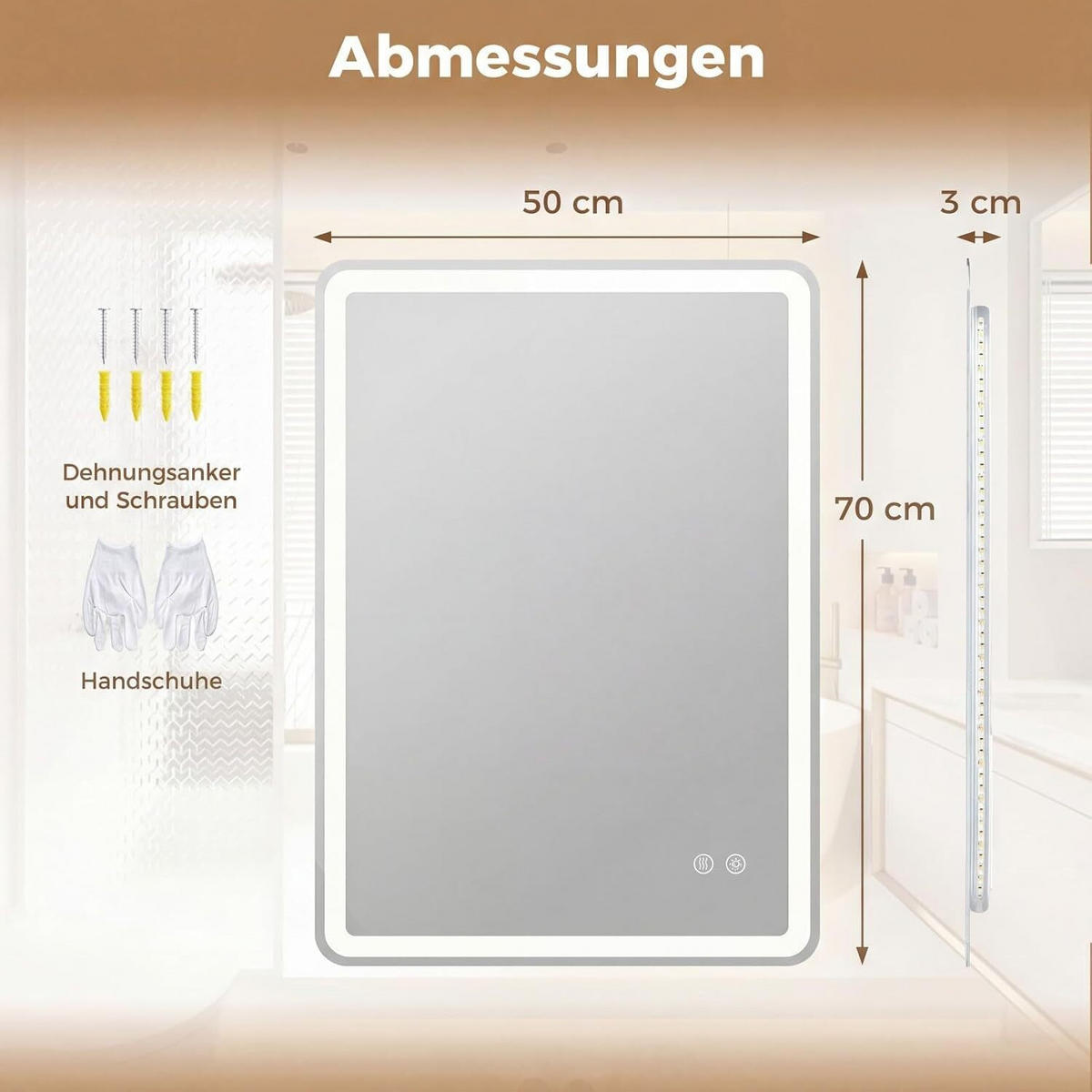 BADSPIEGEL mit LED Beleuchtung silber - Silberfarben, Glas (50/70/3cm) - COSTWAY