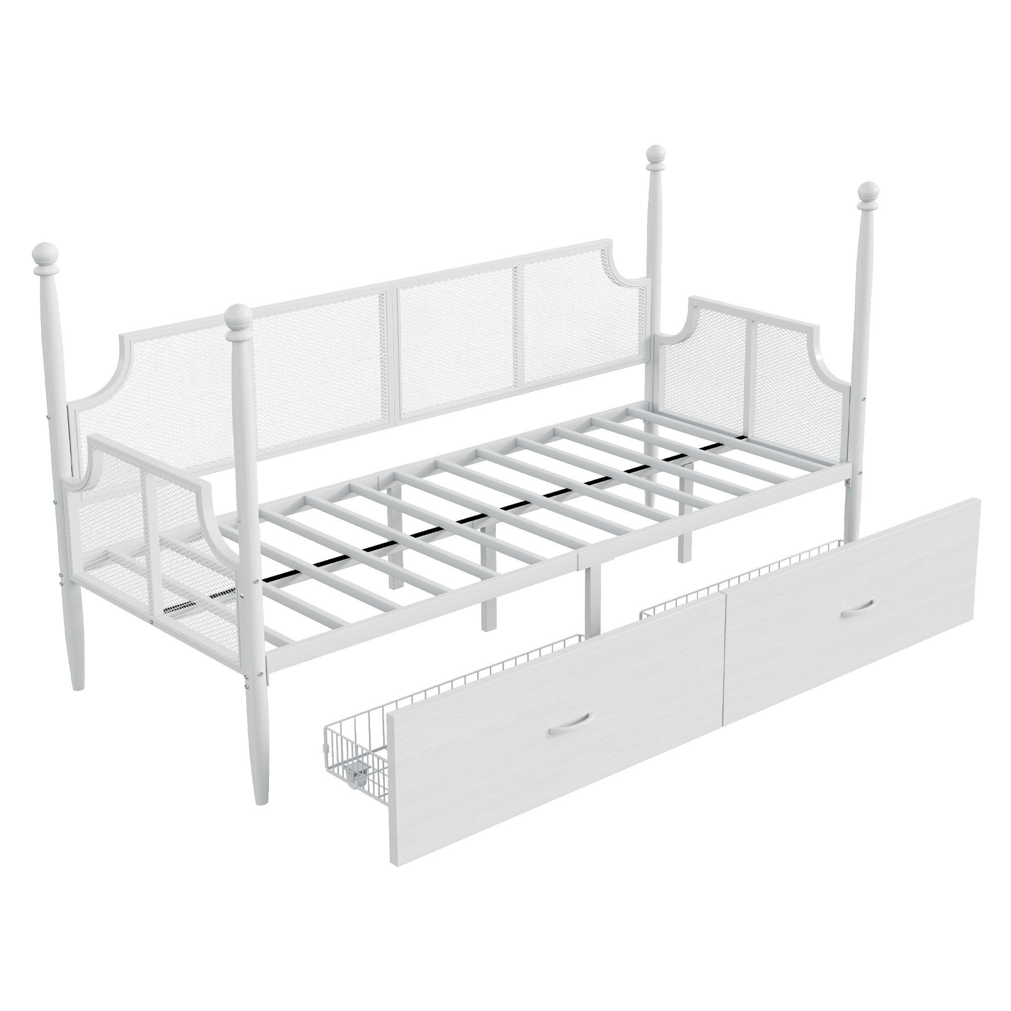METALLBETT 90/200 cm Weiß mit Netzrückenlehne und Ablagefächern - Weiß, Metall (90/200cm) - Oxeza