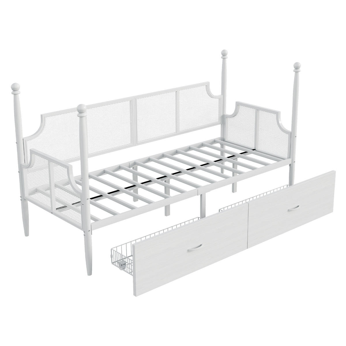 METALLBETT 90/200 cm weiß mit Vintage-Rückenlehne und Ablagefächern - Weiß, Metall (90/200cm) - OKWISH