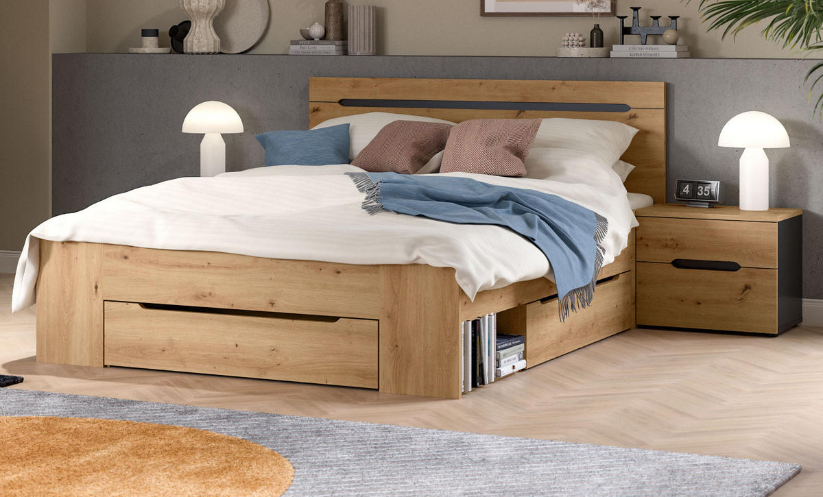 SCHLAFZIMMER Set 3-teilig Eiche Artisan, grau, Kombination mit Bett 140 x 200 cm und 2x Nachttisch - Eiche Artisan/Grau, Holzwerkstoff/Metall - Inn.Furn