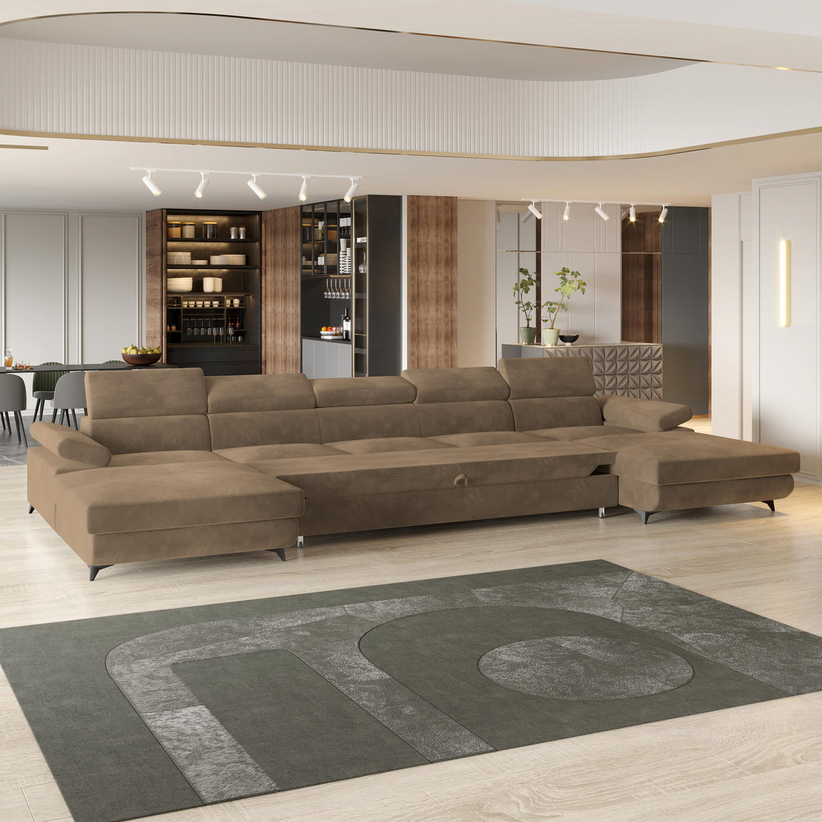 WOHNLANDSCHAFT VIVENTE Beige Velours-Stoff mit Schlaffunktion - Beige, Holz (410/89/190cm) - MASSENO