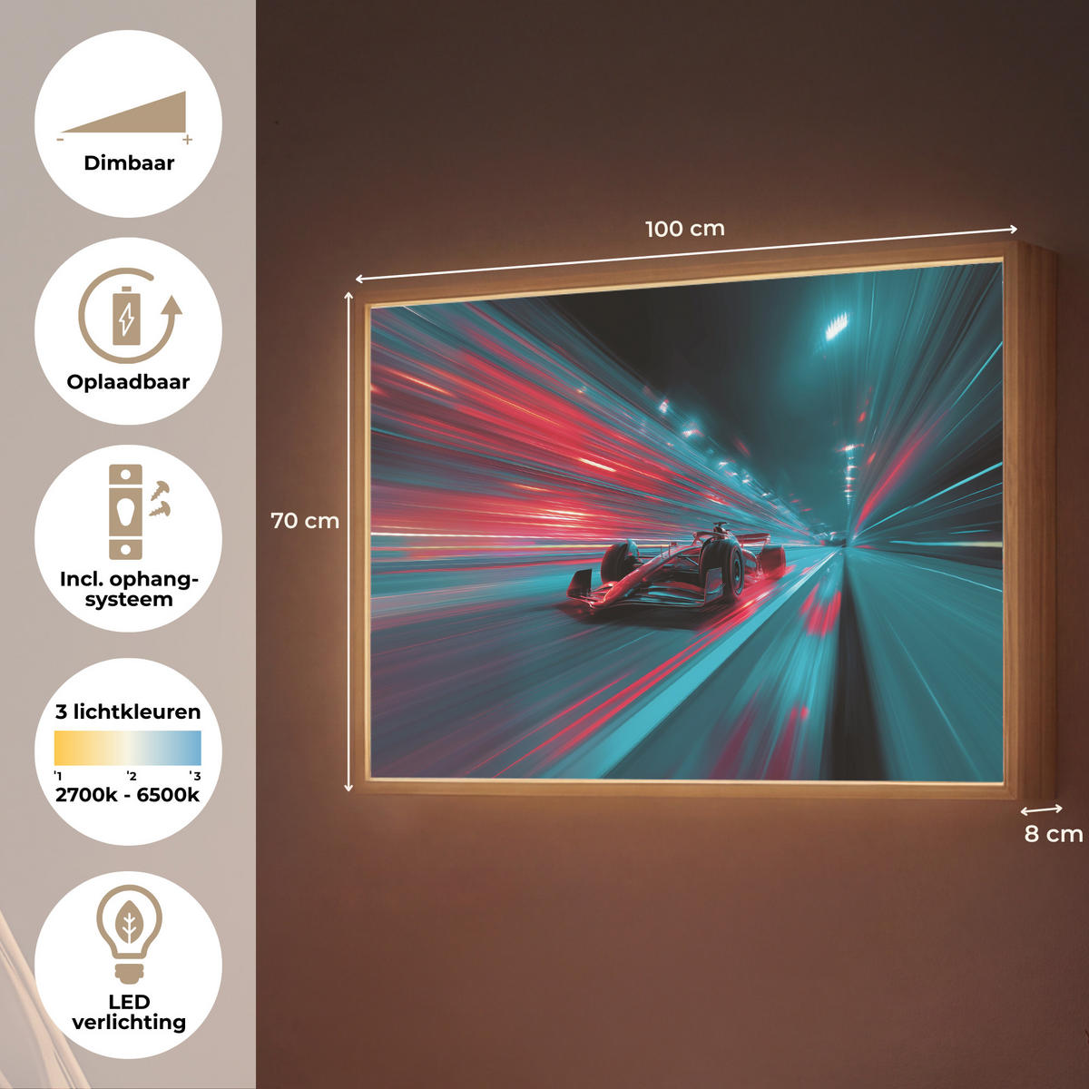 NÁSTĚNNÁ LAMPA S AKUMULÁTOREM Závodní auto - Červená - Rychlost 100x70 cm - tyrkysová, kompozitní dřevo (100/70/8cm) - OnlyWow