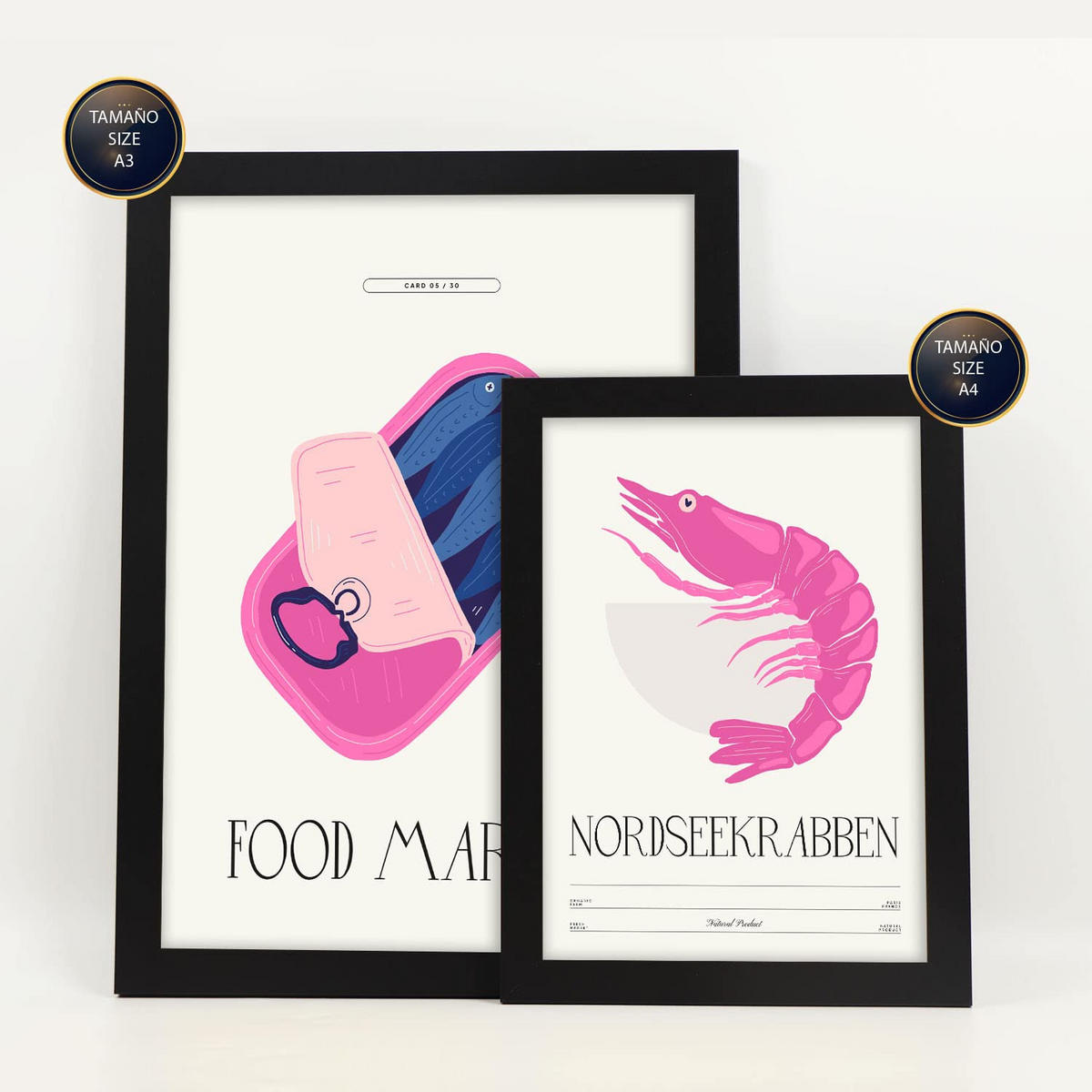 POSTER Set Mit 6 Lebensmittel Und Ernährungs Markt Am Meer Natur Und Botanikdrucke Für Innenarchitektur A3 & A4 Schwarzer Rahmen - Schwarz, Papier (29/3cm) - Nacnic