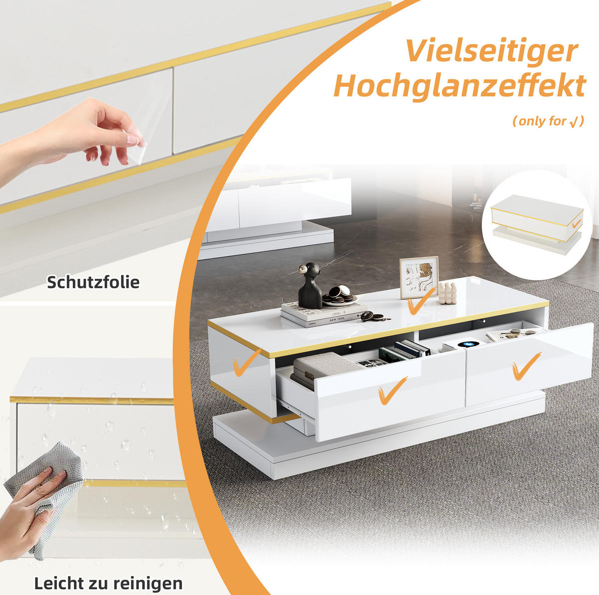 WOHNZIMMER-SET TV-Schrank & Couchtisch Weiß Gold 2-tlg. - Weiß, Holzwerkstoff (40/40/200.1cm) - Beauniv