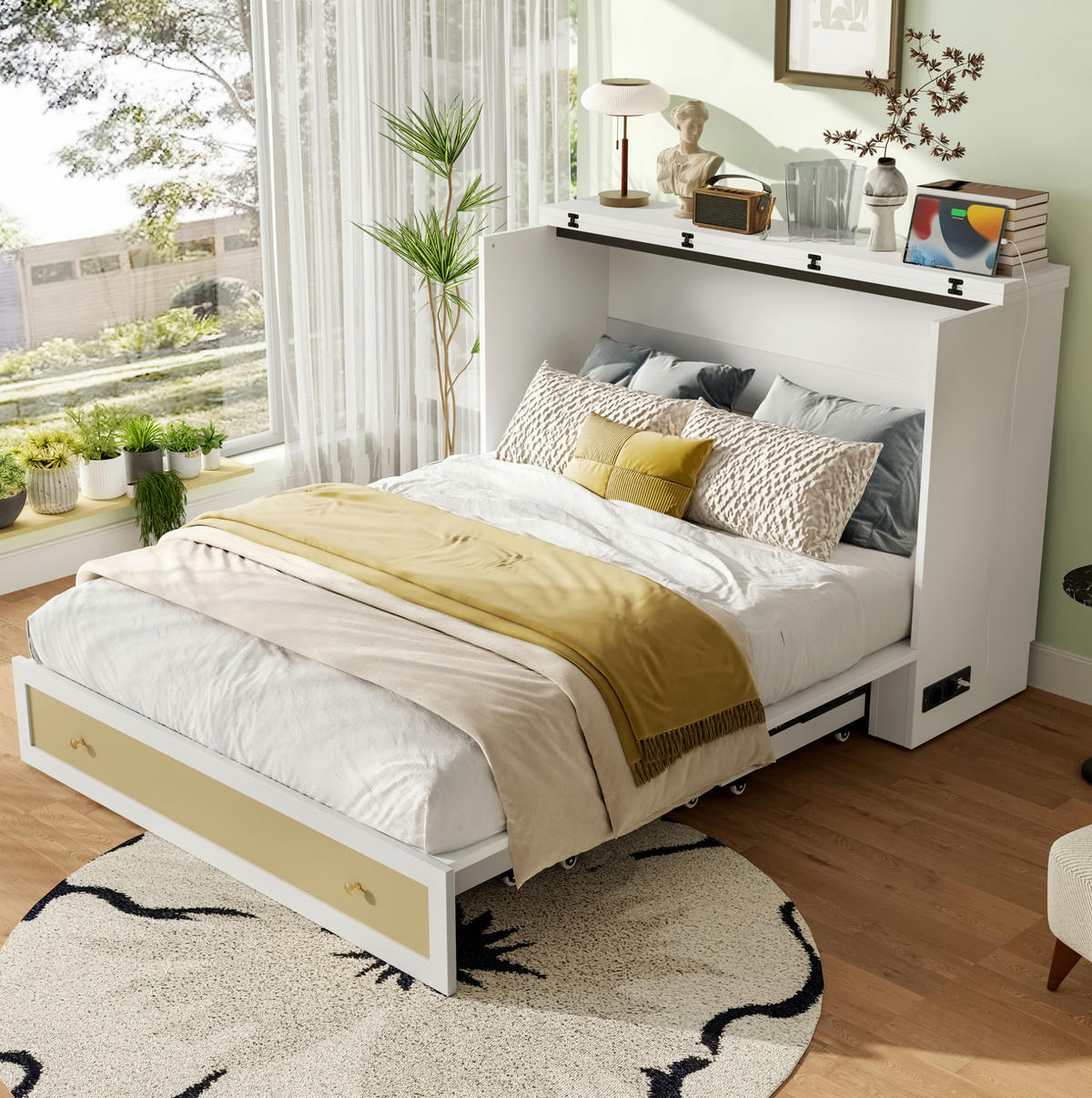BETT 140/200 cm mit Stauraum, USB und Steckdose – in Schrank verwandelbar - Weiß, Holzwerkstoff (140/200cm) - BEAOK