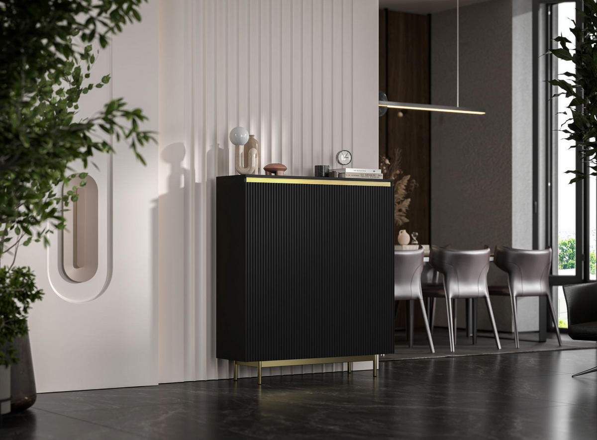 KOMMODE Selene 2D Schwarz matt 111 cm mit goldenem Metallrahmen - Goldfarben/Schwarz, Holzwerkstoff/Metall (111/125/35cm) - Meble Lindner