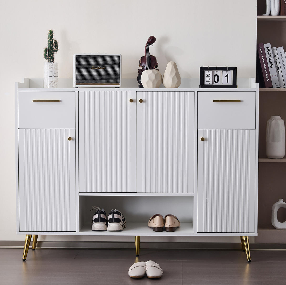 SCHUHSCHRANK 130/37/100 cm aus Spanplatte mit 2 Schubladen, 4 Türen und offenem Fach, Weiß - Weiß, Holzwerkstoff (130/100/37cm) - Redom