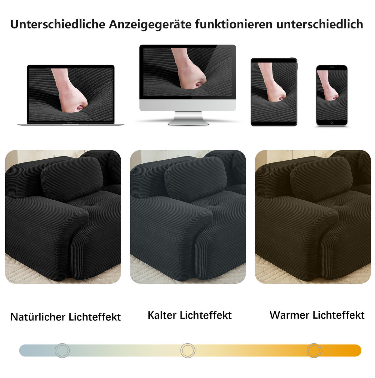ECKSOFA aus Cordstoff Schwarz 298x103x70 cm, modular kombinierbar und ohne Montage - Schwarz, Textil (103/298cm) - IVMEU