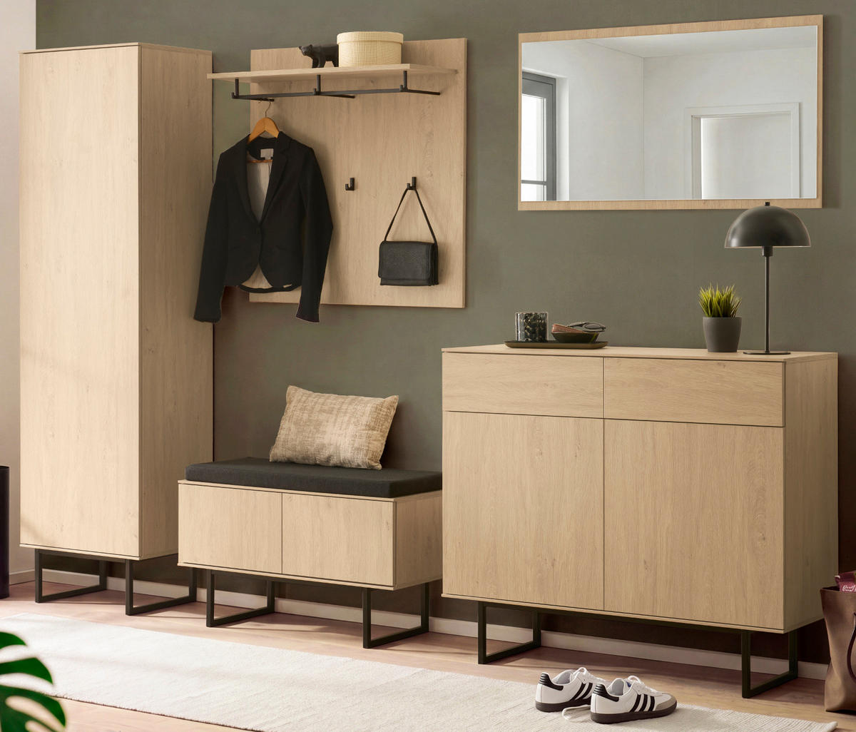 GARDEROBE-SET Stone Eiche 6-teilig 283 cm, Komplettset mit viel Stauraum - Eichefarben/Schwarz, Holzwerkstoff/Metall (283/200/40cm) - Furn.Design