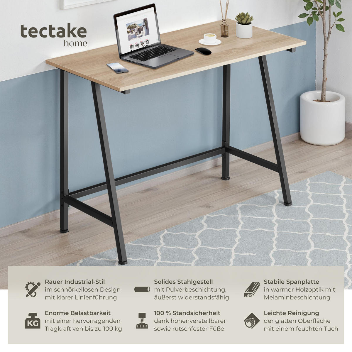 SCHREIBTISCH Newton,100 x 50 x 77 cm,Industrial Holz hell, Eiche Sonoma - Naturfarben, Holzwerkstoff (100/50/77cm) - tectake