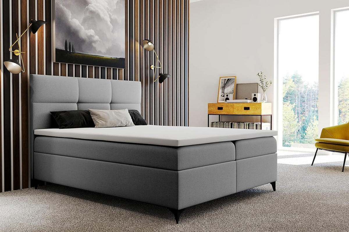 BOXBETT 140 x 200 cm mit Bettkasten und Bonellmatratze H3, LIMBA, mit Topper 5 cm und Metallfüße, Grau - Schwarz/Grau, Holzwerkstoff/Kunststoff (140/200cm) - Trada