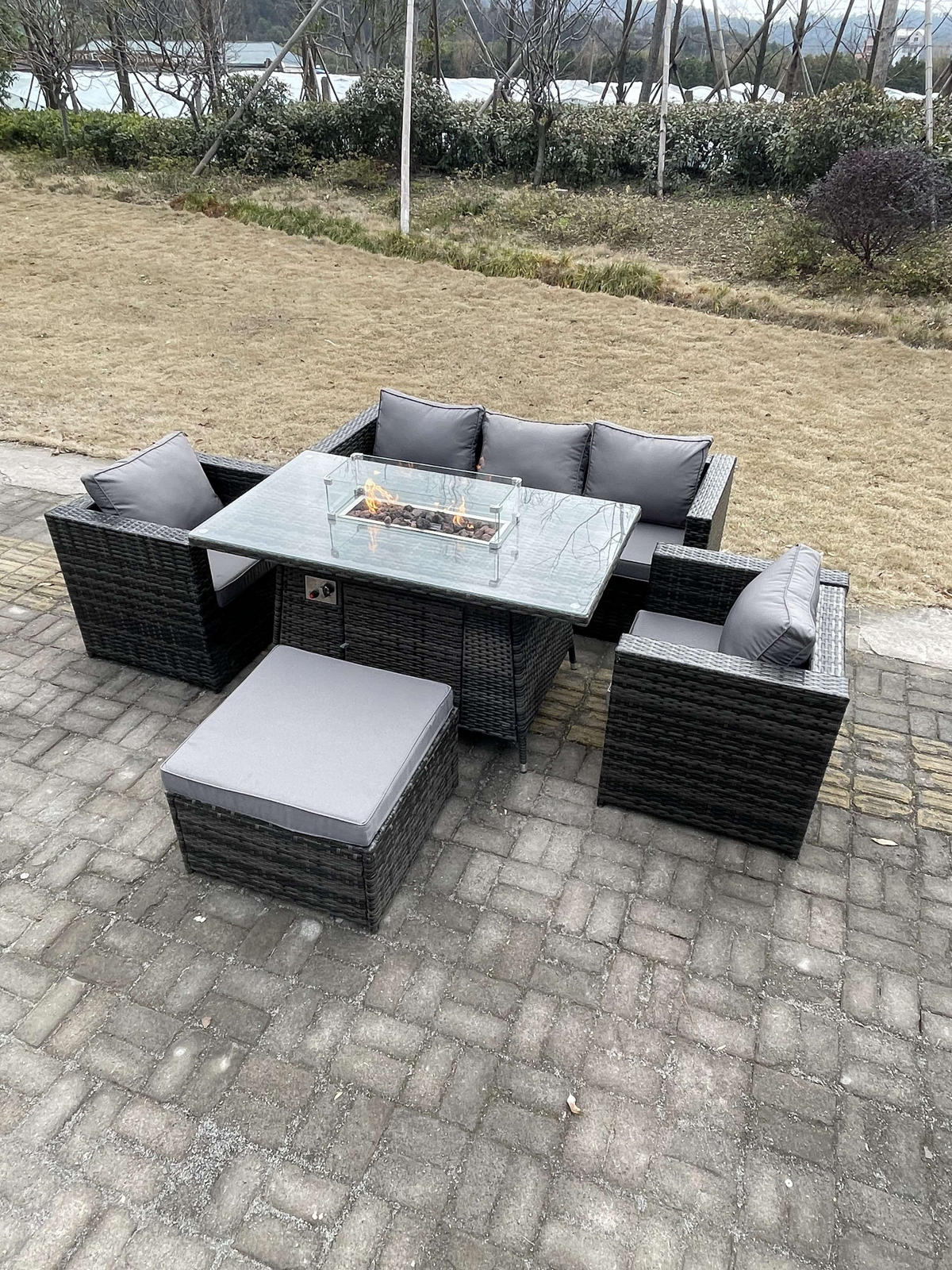 GARTENSET Polyrattan 6-Sitzer - Dunkelgrau/Grau, Glas/Kunststoff - Fimous
