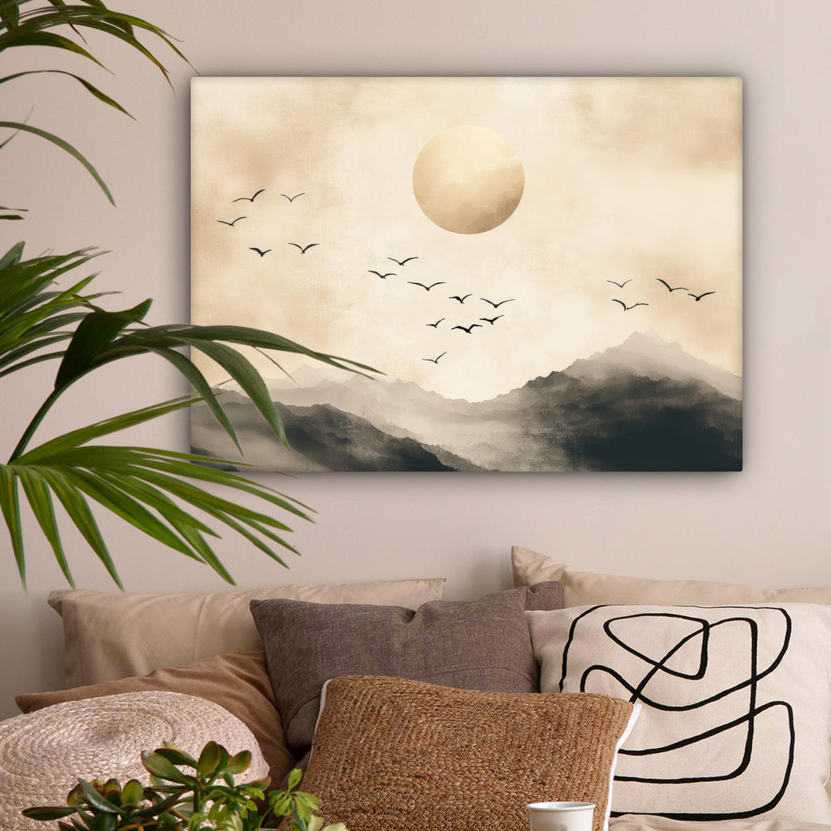 LEINWANDBILD Landschaft - Japandi - Vogel Wandbilder 80x60 cm - Beige, Textil (80/60cm) - MuchoWow