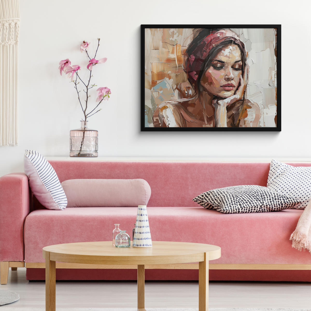 POSTER MIT RAHMEN Frau - Lackierung - Porträt - Modern 80x60 cm - Altrosa, Papier (80/60cm) - MuchoWow