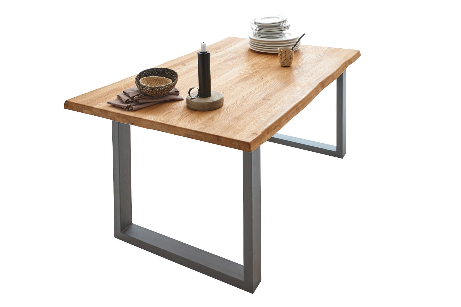 ESSTISCH Baumkante massiv Wildeiche silber SESSA 80 cm - Beige/Silberfarben, Holz/Metall (80/80/77cm) - SAM
