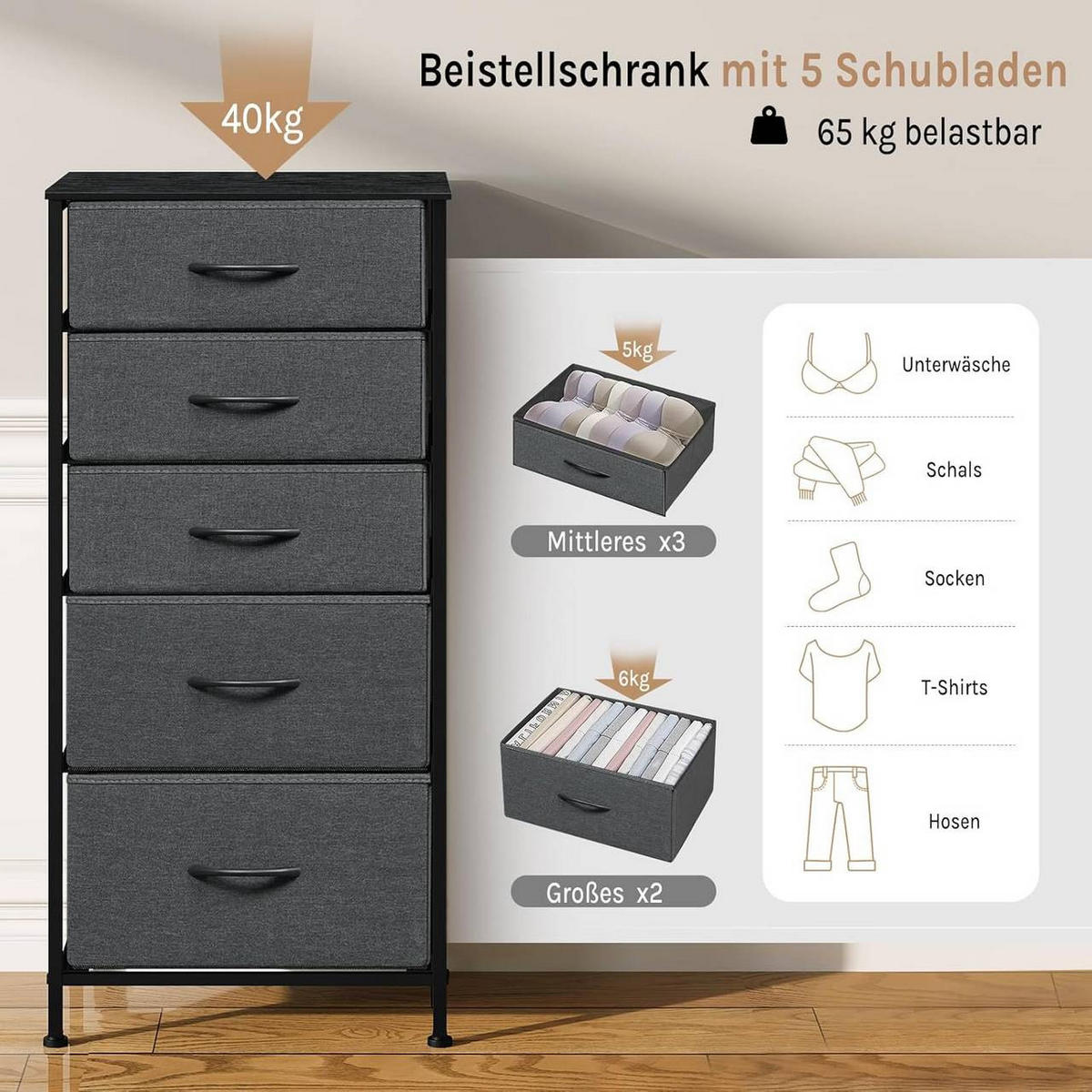 KOMMODE mit 5 Schubladen, aus Holzwerkstoff, Schwarz + Dunkelgrau - Dunkelgrau/Schwarz, Holzwerkstoff/Textil (45.5/95.5/30cm) - Woltu