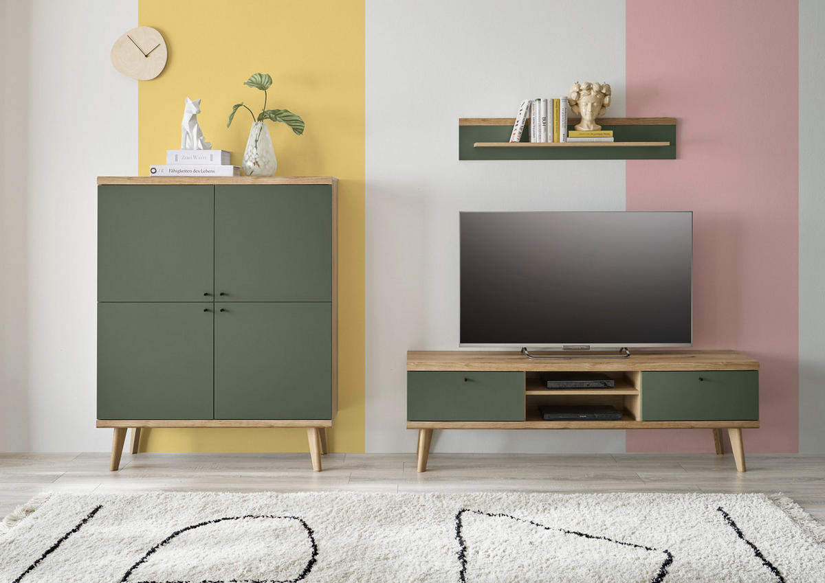 WOHNWAND 3-teilig salbei grün, Eiche Evoke, skandinavisch 277 cm, Schrankwand mit Highboard - Salbeigrün/Eichefarben, Eichenholz/Holz (277/160/40cm) - Furn.Design