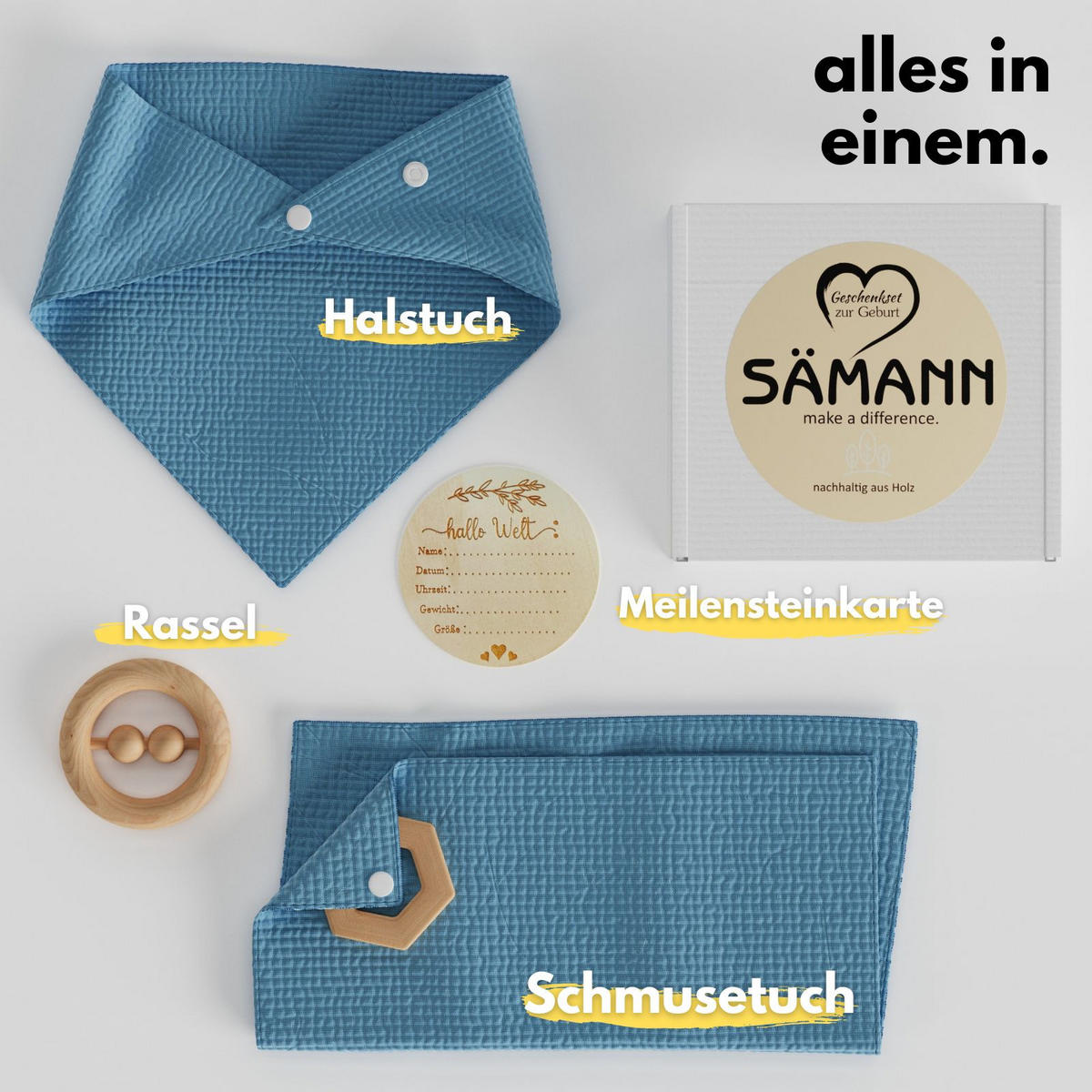 BABY Geschenkset 4-tlg. zur Geburt mit Halstuch, Rassel, Karte, Schmusetuch navyblau - Dunkelblau, Textil (10/10cm) - Sämann – make a difference.